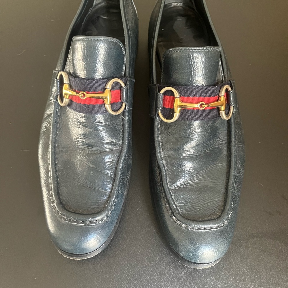 Gucci Black Leather Men’s Horsebit Loafers with Red and Navy Web